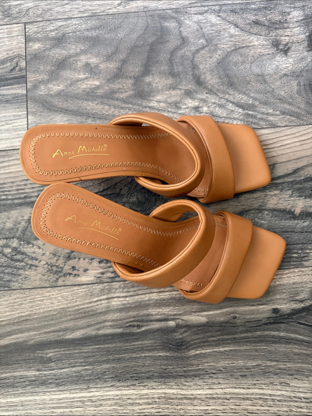 Anne Michelle Cognac Double-Strap Square Toe Slide Mules